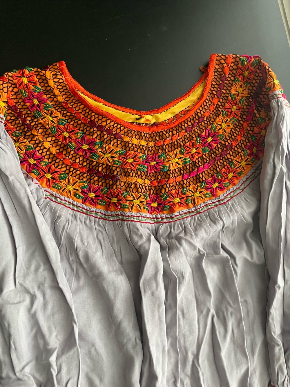 Embroidered Floral Yoke Blouse in Orange and Gray